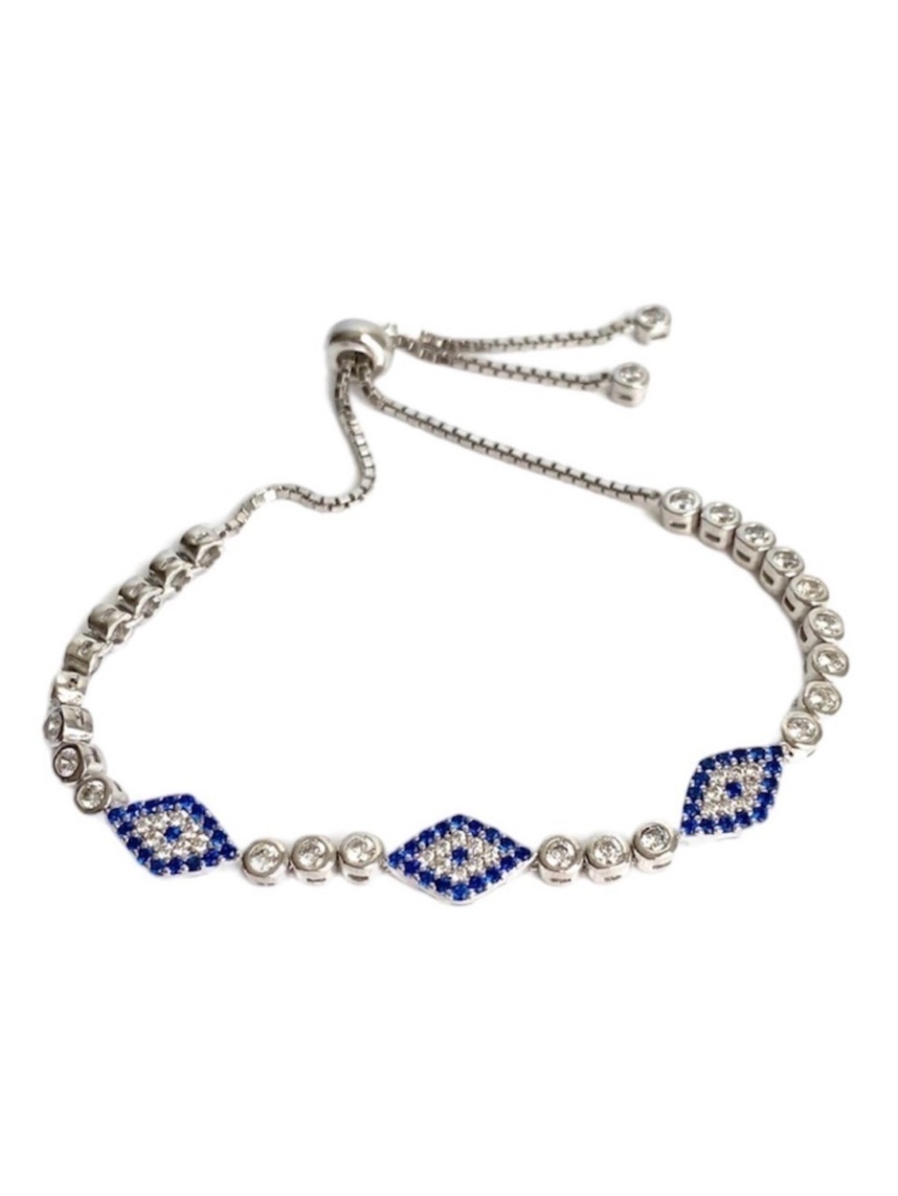 Sterling Silver‎ Evil Eye Bracelet Blue Sapphire CZ Cubic Zirconia Adjustable